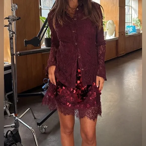 NWT Wine Lace Button Down Shirt with Slip by Never Fully Dressed - Picture 2 of 5